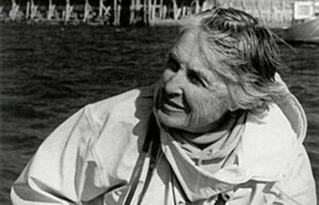 Olive Pierce in a boat off the Maine coast in 1995. 
